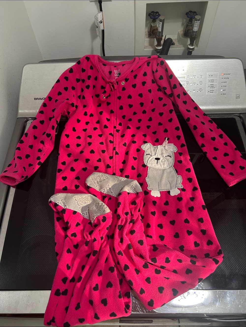 Girls 4t one piece zipper footie pajamas warm fleece hearts dog bulldog